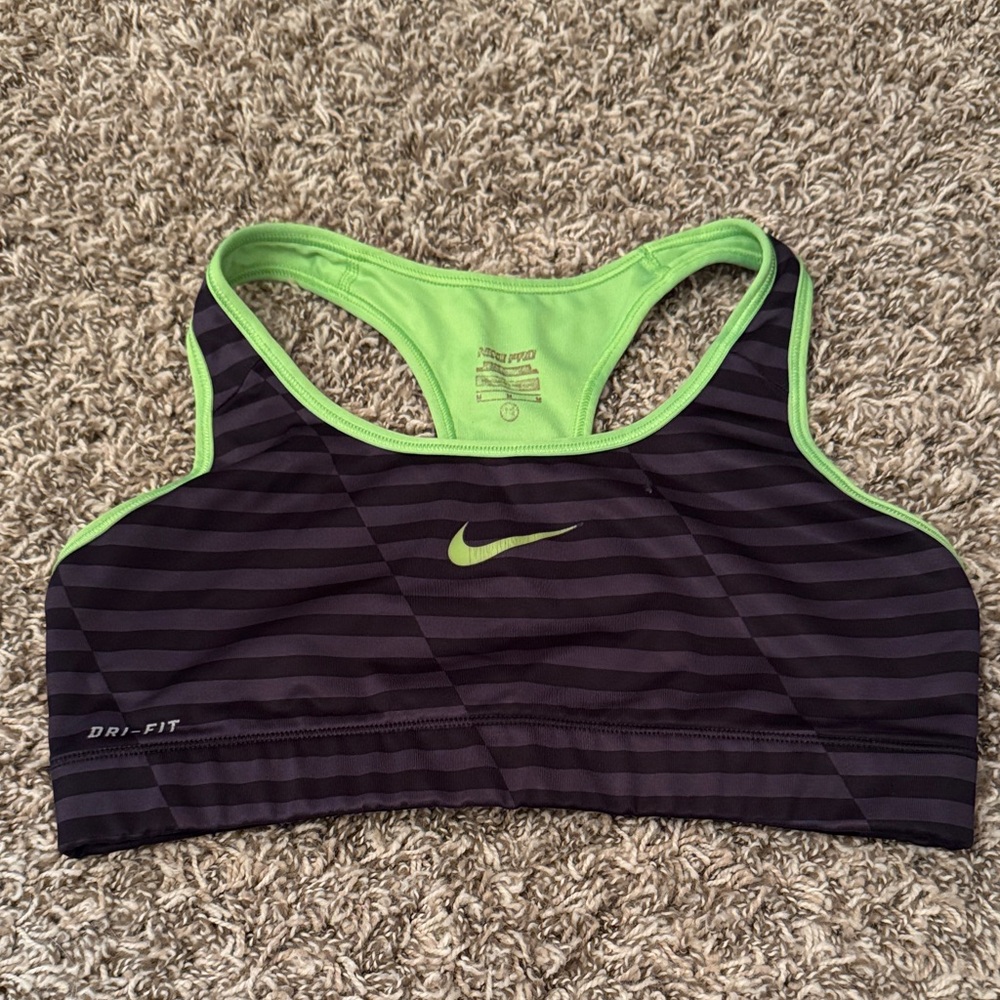 Nike Women's Dri-FIT Striped Sports Bra - Black and Green